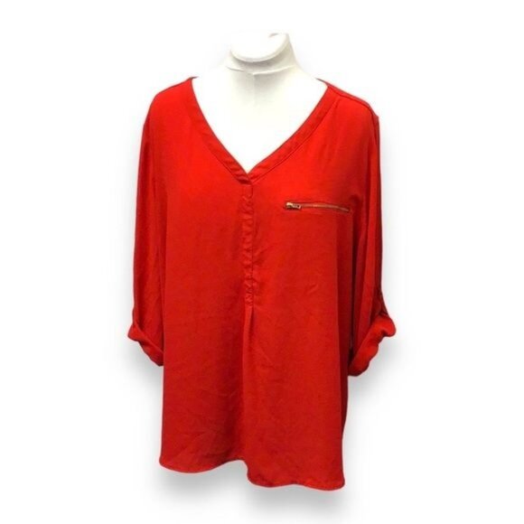 Roz & Ali Woman Plus Size Long Sleeve V Neck Blouse, Orange, size 3X - Picture 1 of 8
